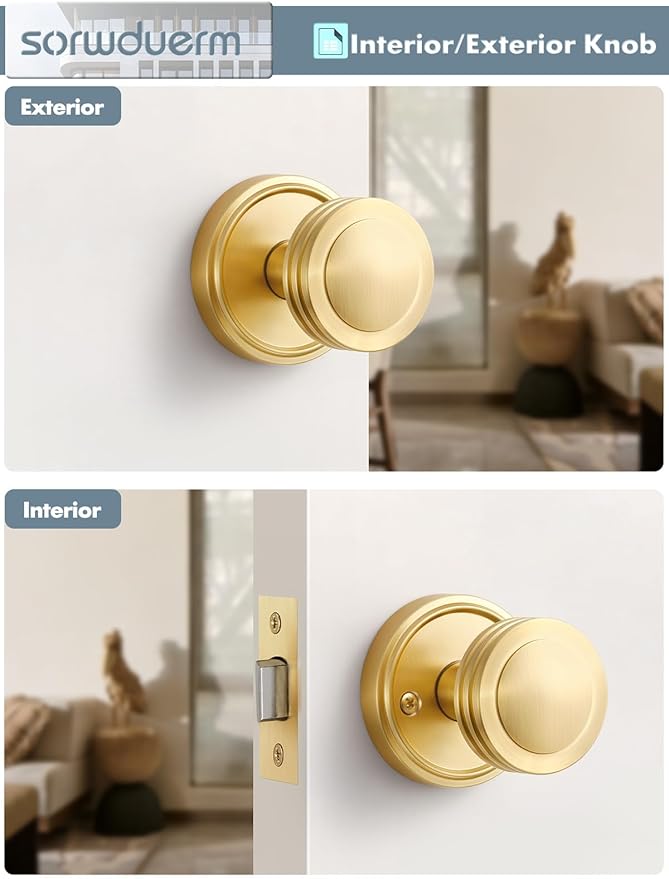 1 Pack Gold Door Knob Passage Door Knobs Brushed Gold Interior Satin Brass Door Handle for Hall and Closet,Zinc Alloy