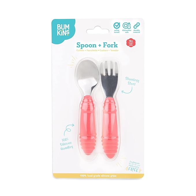 Bumkins Toddler Utensils, Kids Size Fork and Spoon Set, Silicone and Stainless-Steel Training Silverware, Angled Forks / Sporks for Self-Feeding, Children Hold Learning to Eat, 18 Months Up, Red