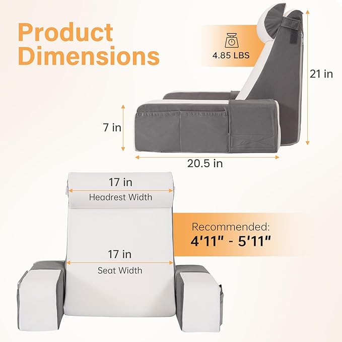 Vekkia 21" Reading Pillow for Sitting in Bed – 60° Ergonomic Wedge Back Pillow, XL Side Pockets, Support Chair for TV, Gaming, Working, Nursing, Recovery in Bed, Floor, Dorm, Great Gift Idea