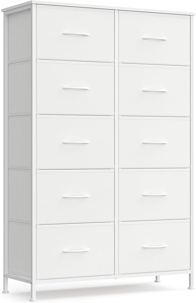 SONGMICS Dresser for Bedroom, Chest of Drawers, Steel, MDF, 10 Non-Woven Fabric Drawers, Storage Organizer Unit, Closet, Entryway, Cloud White and Snow White ULGS125W01S