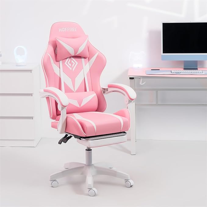 HOFFREE Pink Gaming Chair with Massage for Girls Cute Computer Gamer Chair with Footrest and Lumbar Support Reclining PC Game Chair with Headrest for Gaming Room