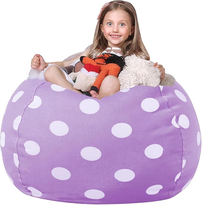 Wekapo Stuffed Animal Storage Bean Bag Chair Cover for Kids | Stuffable Zipper Beanbag for Organizing Children Plush Toys Large Premium Cotton Canvas (Purple Dot, XX-Large)