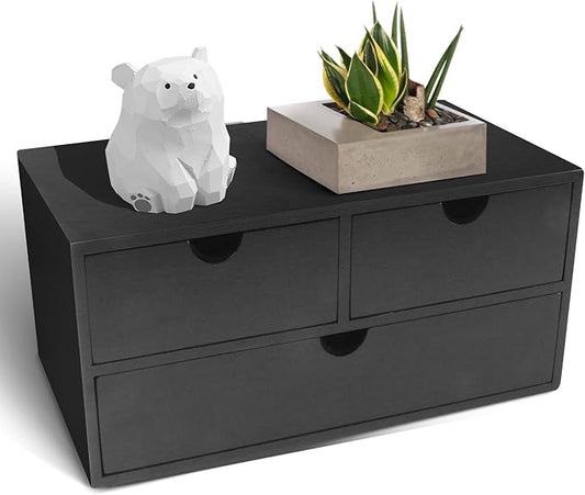 Bamboo Desk Organizer with 3 Drawers, Countertop Organizer with Drawers Makeup Storage Drawer 3 Drawer Tabletop Storage Organization Box Home Office Workspace（Black）