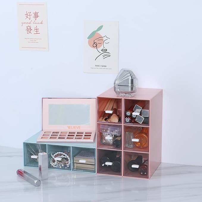 Desktop Drawers, Desk Organizer with 9 Drawers, Stackable Plastic Storage Box for Home Collection, Cosmetics, Office Supplies (3 Tiers, Pink)