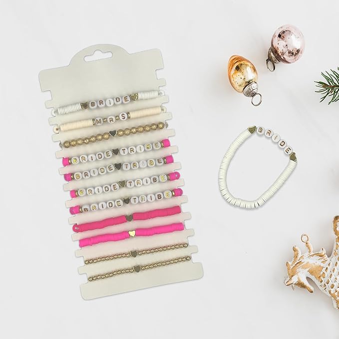 Bridal Shower Decorations, Bachelorette Party Favors, 11 Pcs Rose Red Bride Tribe Clay Bead Bracelet Preppy Bracelet Stretch for Women Wedding Boho Disc Party Beach Wedding Gift Supplies (White & Rose