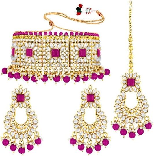 Aheli Bridal Kundan Faux Pearl Choker Necklace with Earrings Maang Tikka Gift for Women Indian Traditional Bollywood Fashion Jewelry Set