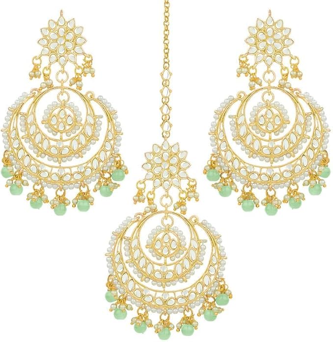 Aheli Bollywood Ethnic Chandbali Style Big Earrings Maang Tikka Set Traditional Fashion Jewelry Gift for Women