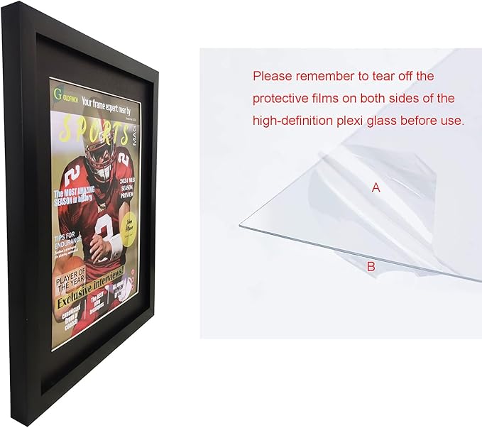 Goldfinch 2 Packs Sports Magazine Frame Displays Magazines Measuring 8.5 x 11.25 or 8.25 x 11 inches with Double Black Core Matting, Deep Frame Moulding, with Installed Hangers