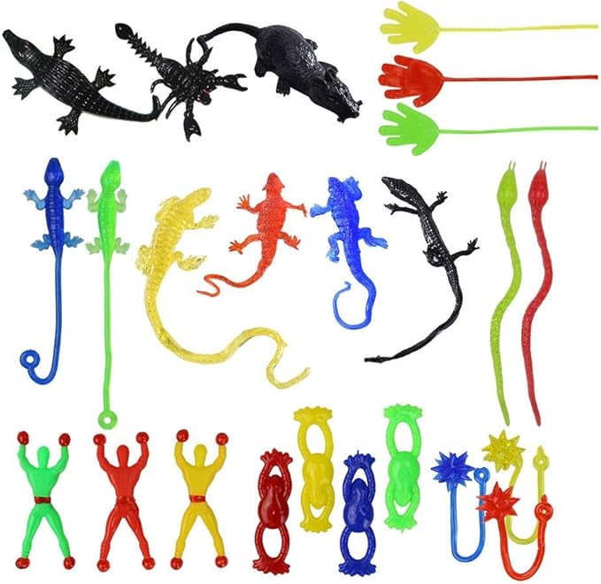 72 Pieces Vinyl Stretchy Sticky Toy Assortment Including Wall Climber Men, Sticky Animals, Large Sticky Hands, Sticky Hammers, Stretchy Flying Frogs and Sticky Frogs