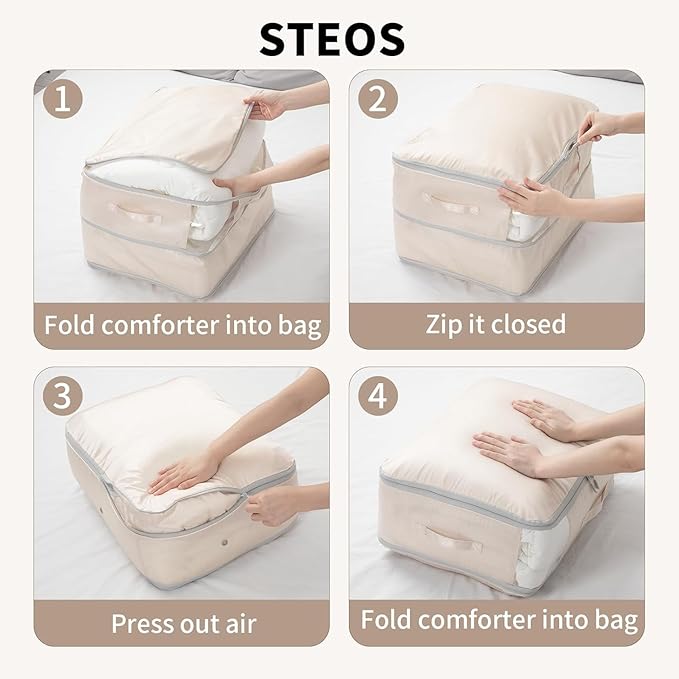 Comforter Storage Bag 66 L - 4 Pack Blanket Storage Organizer Compression Bags, Large Capacity Ultra Space Saving Self Organize for Bedding, Pillow, Duvet, Sheet Storage with Zipper Window