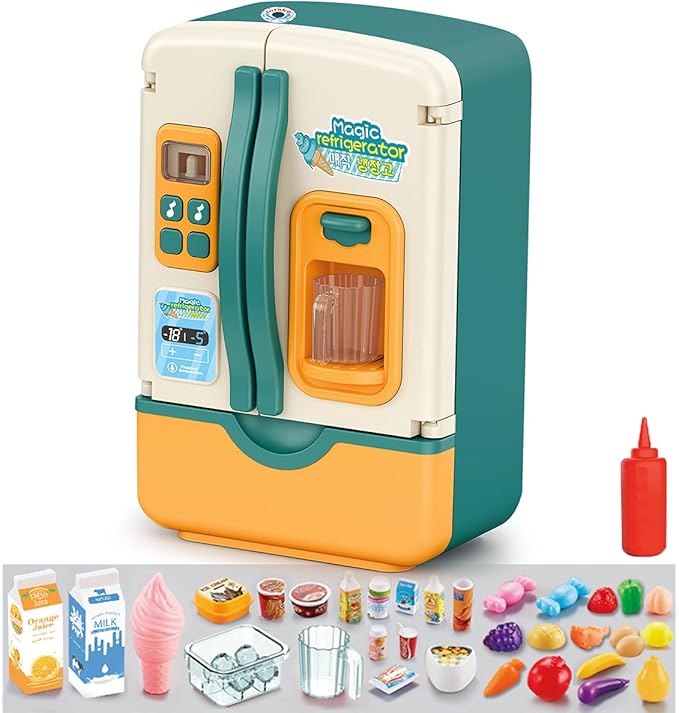 Kitchen Toys Fridge Refrigerator with Ice Dispenser Pretend Play Appliance for Kids, Play Kitchen Set with Kitchen Playset Accessories for Boys & Girls Music and Light