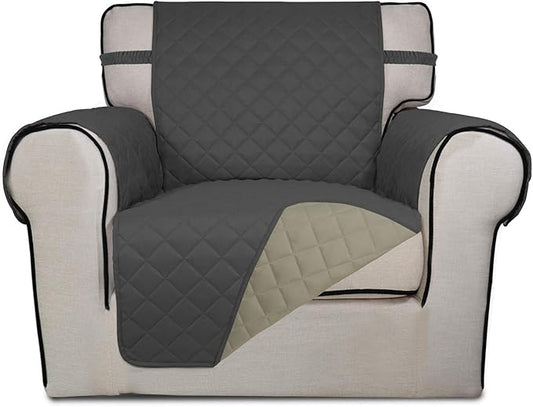 PureFit Reversible Quilted Sofa Cover, Water Resistant Slipcover Furniture Protector, Washable Couch Cover with Non Slip and Elastic Straps for Kids, Dogs, Pets (Chair, Dark Gray/Beige)