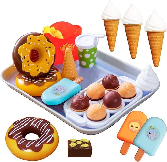 FUNERICA Pretend Play Ice Cream and Desserts Toy Food Set with Realistic Fake Donuts, Popsicles, Cupcakes, Fries, and Tray, Kids Kitchen Accessories Set, for Toddlers, Boys and Girls