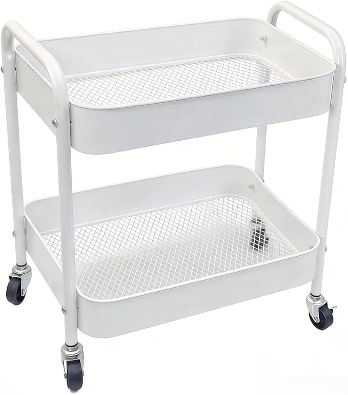 Ufriandz Under Desk Storage Cart 2 Tier Utility Rolling Cart with Wheels, Small Metal Mobile Trolley with Handle Two Tiered Utility Organizer Roller for Kitchen Office Bathroom Pantry Room, White