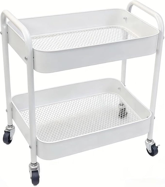 Ufriandz Under Desk Storage Cart 2 Tier Utility Rolling Cart with Wheels, Small Metal Mobile Trolley with Handle Two Tiered Utility Organizer Roller for Kitchen Office Bathroom Pantry Room, White