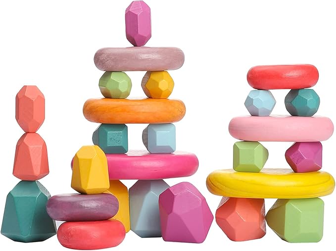 OESSUF Stacking Rocks 26Pcs Stacking Blocks Balancing Stacking Stones Wooden Building Toys Wood Stone Stacking Game for Toddler Sorting Preschool Educational Montessori Stacking Rocks for Kids