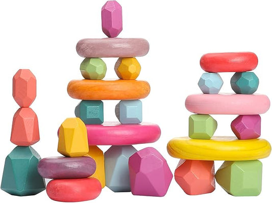 OESSUF Stacking Rocks 26Pcs Stacking Blocks Balancing Stacking Stones Wooden Building Toys Wood Stone Stacking Game for Toddler Sorting Preschool Educational Montessori Stacking Rocks for Kids