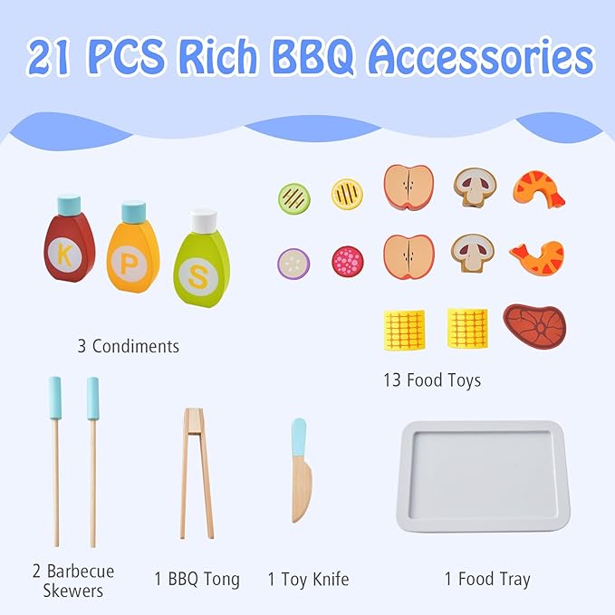 Costzon Kids Barbecue Grill Playset, Wooden Pretend Cooking Truck with 21 Play Food & Barbecue Accessories, Role Play BBQ Toy Set, Interactive Little Chef Cooking Play Stand for Girls & Boys Age 3+