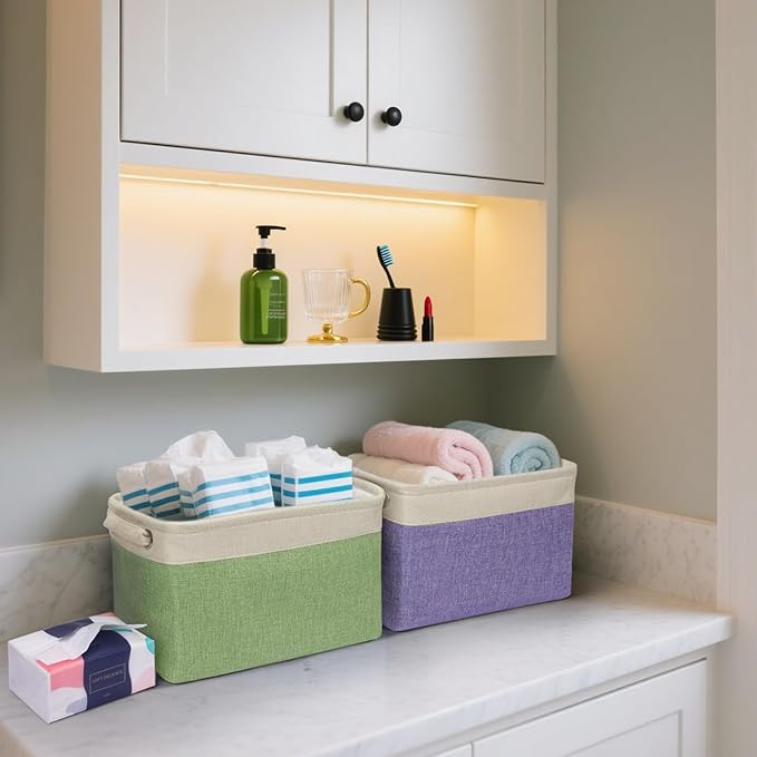 BALEINE 1 Pack Fabric Storage Bins for Shelves, Linen Storage Baskets for Organizing, Decorative Closet Bins for Clothes, Home (Pink, 12"x8"x8")