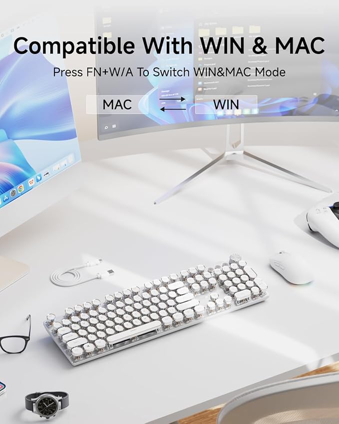 EWEADN Typewriter Style Mechanical Keyboard, Wired Typewriter Keyboards,104 Keys Backlit LED Metal Keyboards, Media Control Knob, Wired Computer Keyboard White Switch for Windows/Mac/PC-White