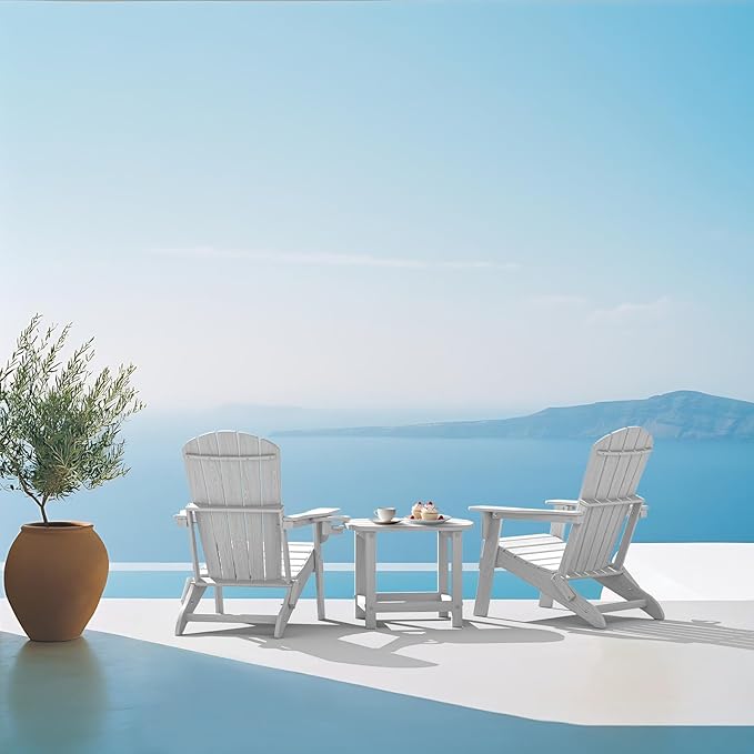 Plawdlik Folding Adirondack Chair, SGS Tested, Wooden Textured with Cup Holder, Heavy All-Weather HDPE Comfortable Set Poolside Backyard Lawn White