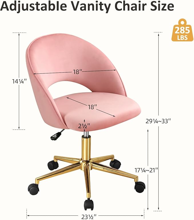 Furniliving Pink Vanity Chair, Cute Desk Chairs for Girls with Back, Rolling Upholstered Accent Chair for Living Room/Makeup Room/Bedroom, Pink