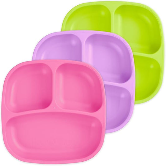 Re-Play Made in USA 7" Deep Walled Divided Plates for Kids, Set of 3 - Reusable 3 Compartment Plates, Dishwasher and Microwave Safe - 7.37" x 7.37" x 1.25", Butterfly