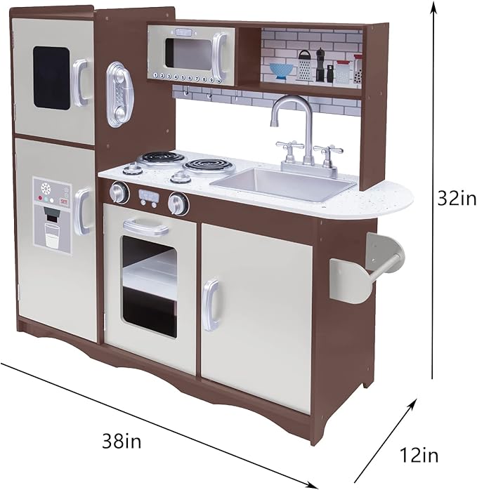 Kitchen Playset for Kids Ages 3-8, Wooden Pretend Play Kitchen with Realistic Sounds, Including Telephone, Ice Maker, Refrigerator, Dimensions: 35” H x 31” W x 12” D (Black)