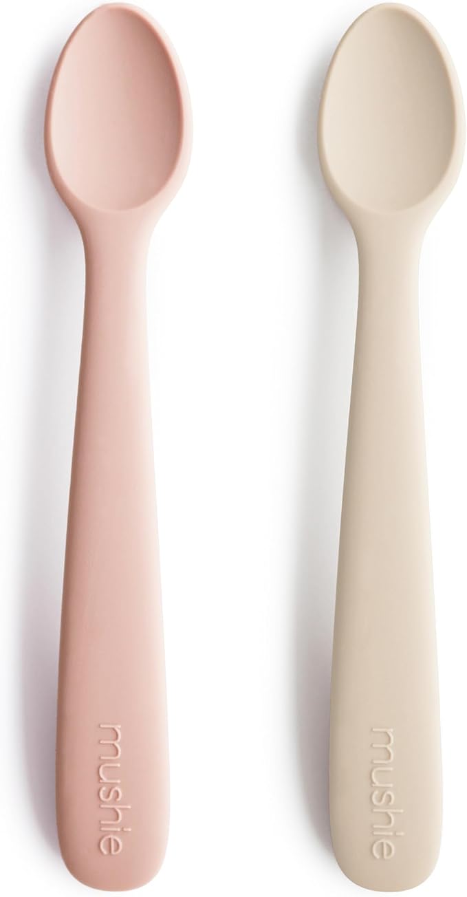 mushie Silicone Baby Feeding Spoons | 2 Pack (Blush/Shifting Sand)