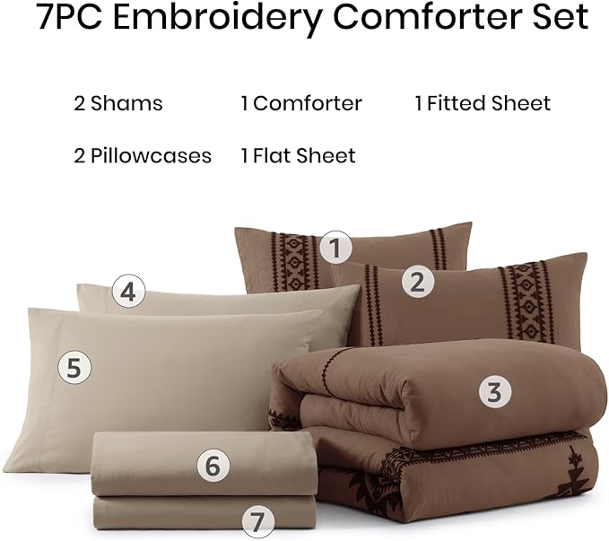 MaiRêve California King Comforter Set Brown, Embroidery Western Bedding Set Boho 7 Pieces, Farmhouse All-Season Bed in A Bag with Sheets, Pillowcases & Shams