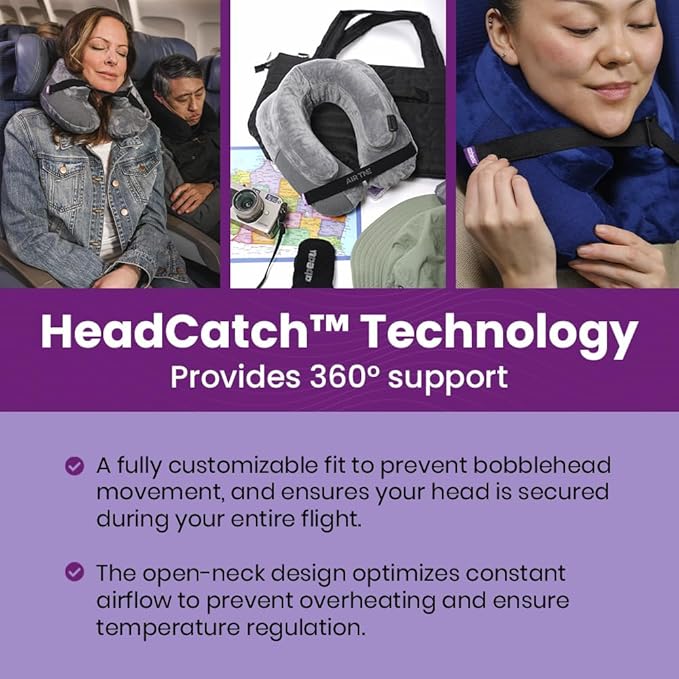 Cabeau Inflatable Travel Pillow – Air TNE – Adjustable, Lightweight, and Supportive for Sleeping on Airplanes, Trains, and Cars– Customized Fit and Compact Carrying Case (Slate Grey)