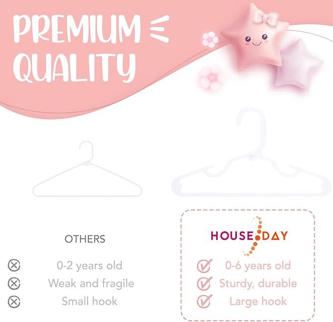 HOUSE DAY Plastic Baby Hangers for Closet 60 Pack, Durable Plastic Kids Hangers for Baby Clothes, Thin & Compact Childrens Hangers, Space Saving White Baby Hangers, Small Hangers for Kids Clothes