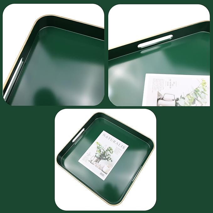 Omuriko Green Square Decorative Tray with Handles, 13"*13" Versatile Serving Tray for Coffee Table, Ottoman, Ideal for Serving, Displaying, Organizing