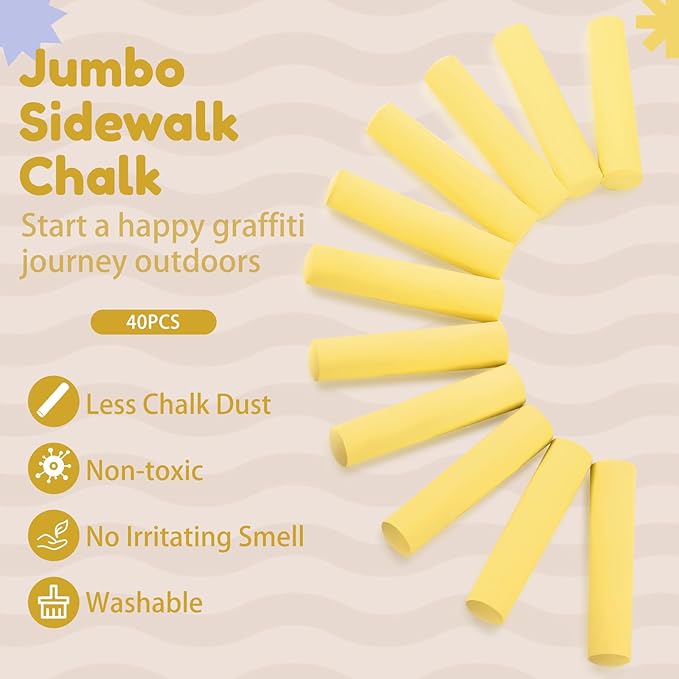 Fulmoon 40 Pcs Jumbo Sidewalk Chalk for Kids Outdoor Art Non Toxic Large Washable Street Chalk for Adults Drawing Painting Graffiti Classroom(Yellow,Round Style)