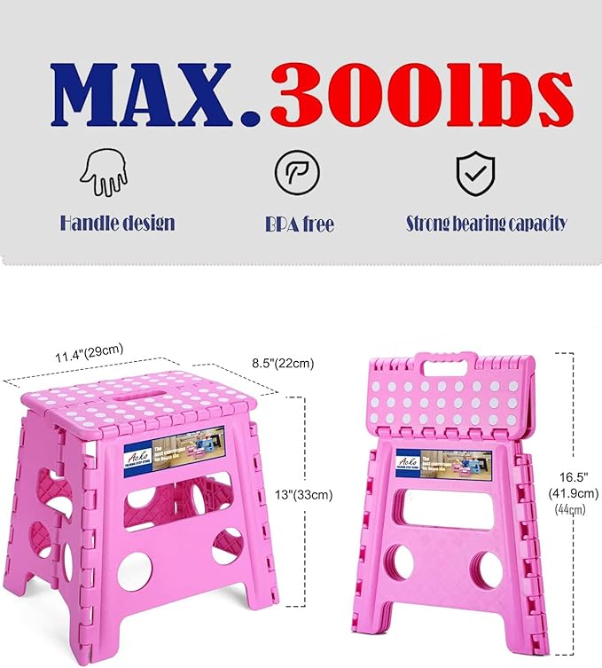 ACKO Folding Step Stool - 13 inch Height Premium Heavy Duty Foldable Stool for Kids and Adults, Kitchen Garden Bathroom Stepping Stool (Pink)