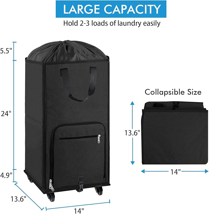 Bukere Laundry Hamper with Wheels, Large Rolling Laundry Basket with 4 Casters and 2 Handles, Collapsible Freestanding Wheeled Laundry Bag for Clothes, Laundry Room, Bathroom