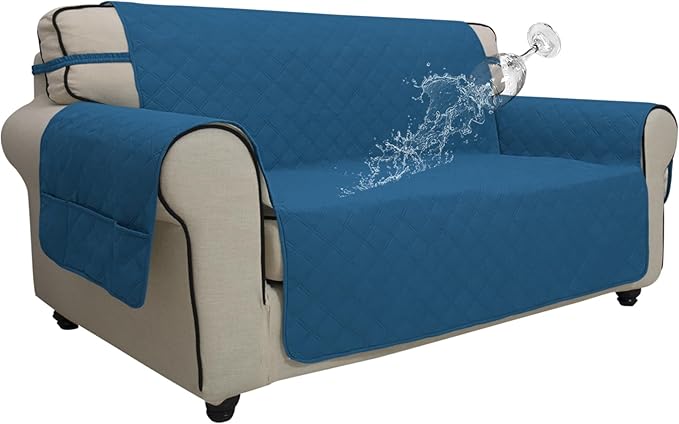 Easy-Going Waterproof Oversized Loveseat Covers Leakproof Couch Cover for 2 Cushion Couch Sofa Cover Washable Sofa Slipcover Non-Slip Furniture Protector with Pocket for Pet(Medium-XL, Peacock Blue)