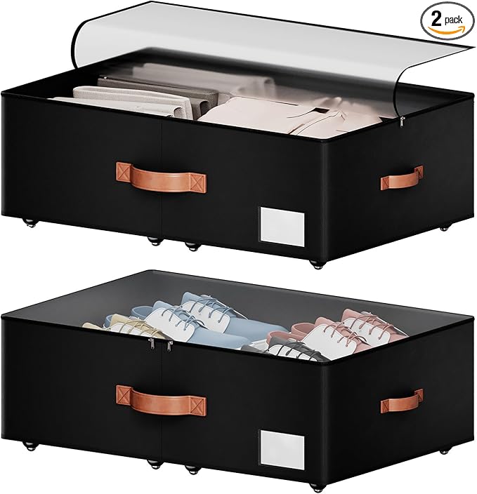 Underbed Storage With Wheels,Large Capacity 10 inches Height Storage Bins,Rolling Underbed Shoe Storage Containers,Underbed Storage Drawers for clothes & blankets (black, 10inch height)