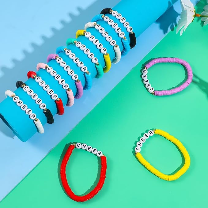 24 Pcs Cheerleader Gifts for Girls Handmade Friendship Bracelets for Teen Girls Stretch Cheer Bracelets Y2k Cheer Stuff Stackable Clay Bead Bracelets Bulk Teens Birthday Christmas Party Favors