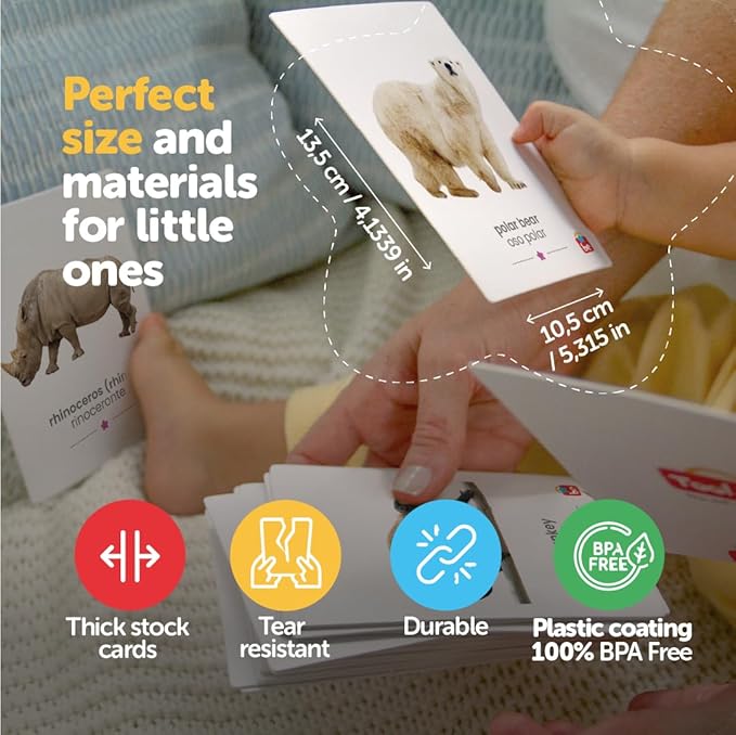 Tool-be Animal Cards. 18 Real Photos of Wild Animals. Spanish-English Flash Cards for Babies 6-12 Months, Montessori Toys for 1+ Year Old, Baby Flash Cards 12 to 18 Months, up to 6Y