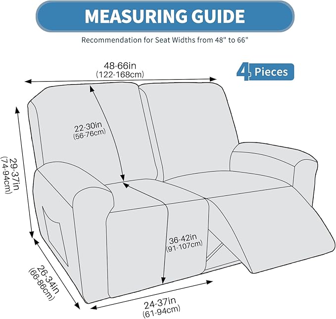 JIVINER 4 Pieces Recliner Loveseat Covers Stretch Recliner Sofa Slipcover with Elastic Bottom Jacquard Fitted Reclining Couch Cover Furniture Protector with Pockets (2 Seater, Teal)
