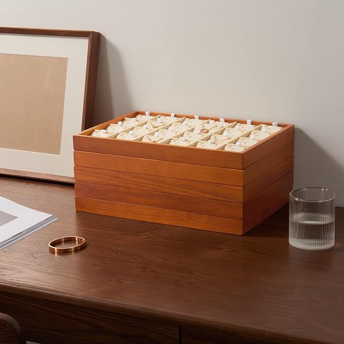 Oirlv 24 Grid Wood Jewelry Tray Microfiber Interior Jewelry Drawer Organizer Showcase Display Box Ring Earrings Holder