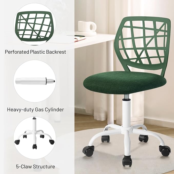 Kids Desk Chair, Fabric Office Chair Armless Small Mid Back Swivel Children Computer Task Chair Ergonomic Height Adjustable Study Chairs with Swivel Padded Cushion and Rolling Wheels, Dark Green