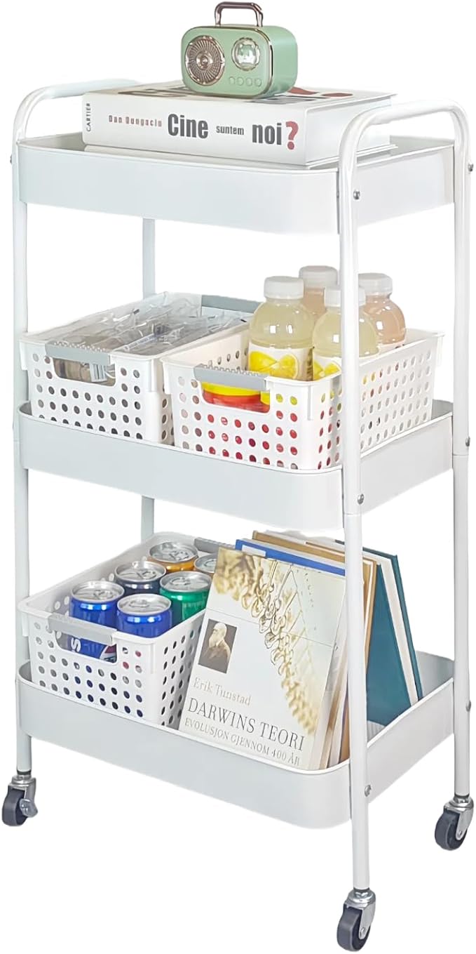 LIWNYRK Metal 3 Tier Rolling Cart with Wheels for Kitchen Storage & Laundry Room Organization, Bedside Cart with Handle and 4 Hooks, Versatile Large Capacity Art & Craft Storage Organizer, White