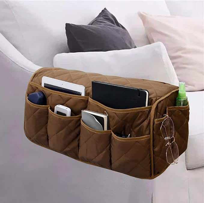 Armchair Caddy for Recliner Organizer Brown Coffee Sofa Armrest Organizer with 14 Pockets for Armchair Remote Control Holder Phones Ipads Keys Books Glasses Storage