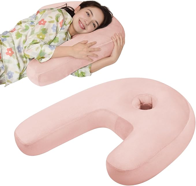 Body Pillow for Side Sleepers with Ear Hole, J & U-Shaped Neck Pillow for Ear Piercing, Relieves Neck, Shoulder & Back Pain, 20x26 Inches with Pillowcase (Pink)