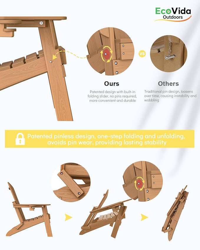 Upgraded Folding Adirondack Chair with All-Weather Cup Holder-EcoVida, Premium Wood Grain Texture, HDPE Waterproof, Suitable for Fire Pit, Patio, Porch, Cedar