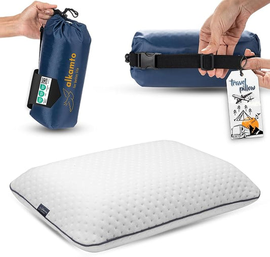 alkamto Travel & Camping Comfortable Memory Foam Pillow – Easy to Carry Portable Bag – Temperature Regulating Pillow Case (White)