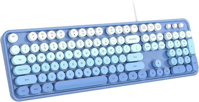 Wired Keyboard, 104 Keys Full-Sized Typewriter Keyboards, USB Office Keyboard with Number Pad, Caps Indicators, Foldable Stands for Windows, PC, Laptop, Desktop (Blue)