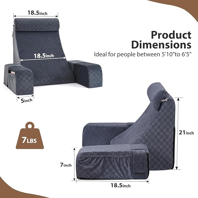 Vekkia 21" Large Reading Pillow with Adjustable Arms & Headrest – Wide Backrest Cushion for Adults with Extra-Large Pockets for Reading, TV, Gaming & Work, Recovery on Bed & Floor, 21"(Grace Grey)